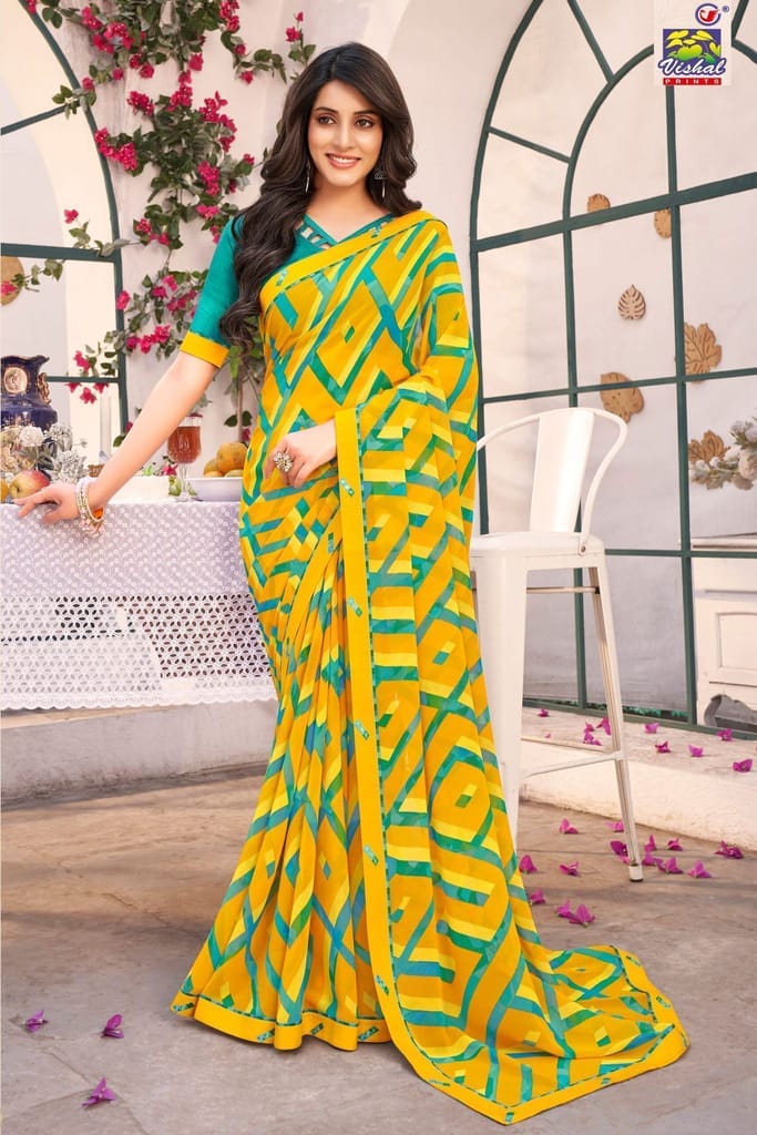 Yellow Color Georgette Printed Saree With Piping Border And Fancy Printed Blouse Piece - Sarees | Buy online on ZillyBuy