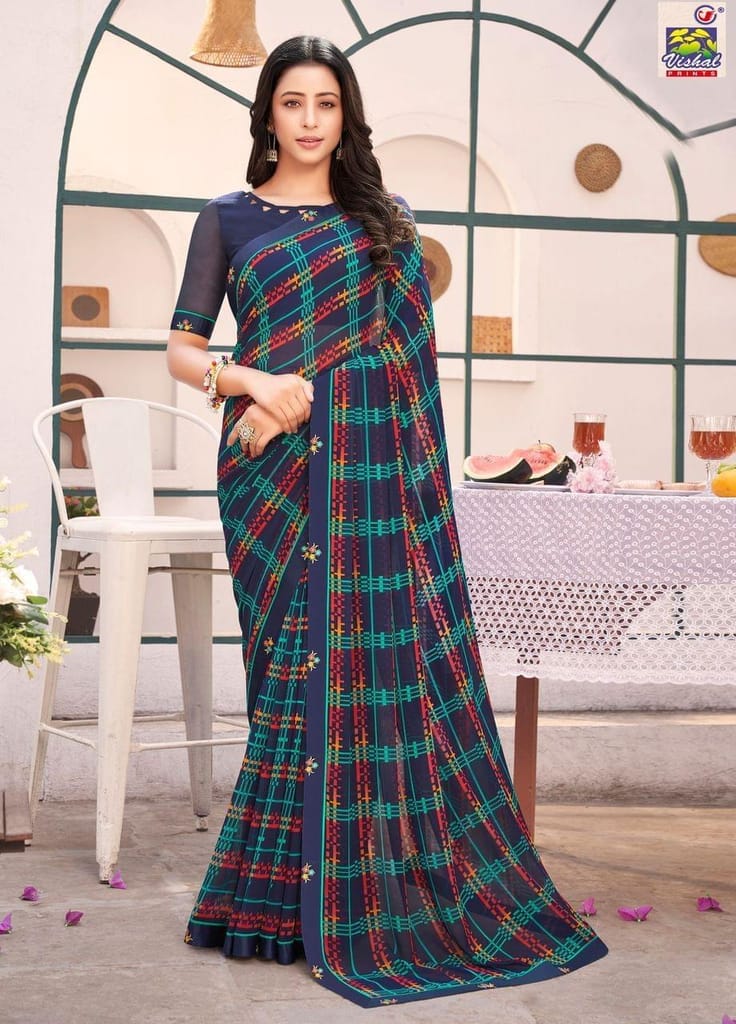 Multicolor Color Georgette Printed Saree With Piping Border And Fancy Printed Blouse Piece - Sarees | Buy online on ZillyBuy