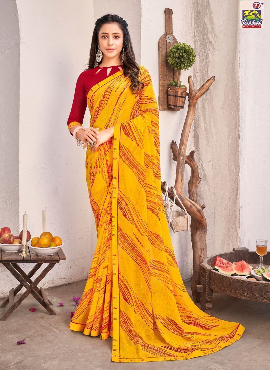 Yellow Color Georgette Printed Saree With Piping Border And Fancy Printed Blouse Piece
