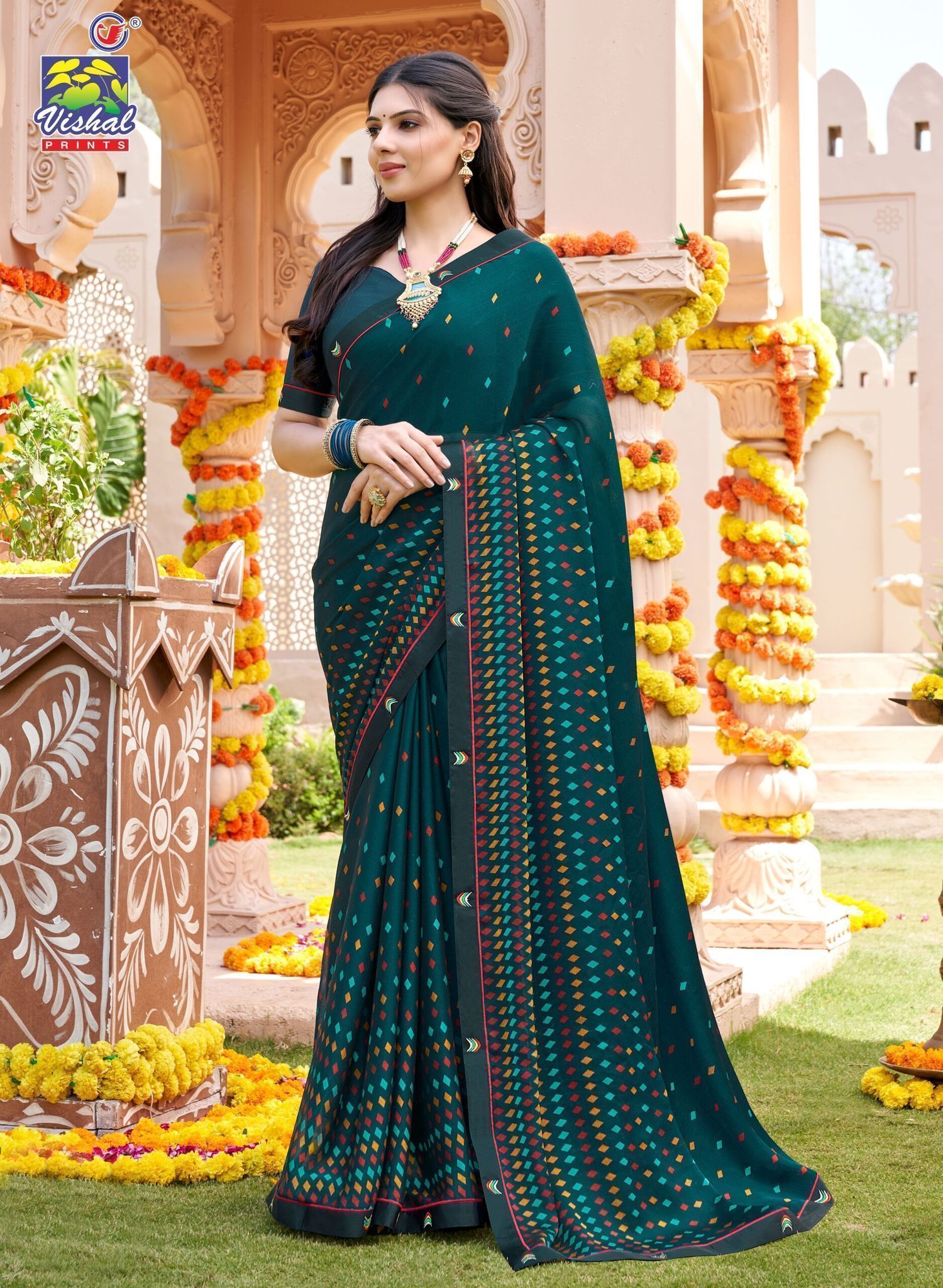 Turquoise Color Georgette Printed Saree With Fancy Attached Border And Fancy Printed Blouse Piece