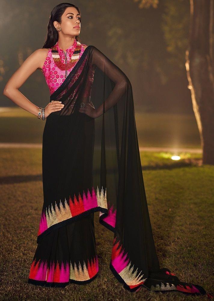 Embroidered Border Georgette Saree in Black - Sarees | Buy online on ZillyBuy