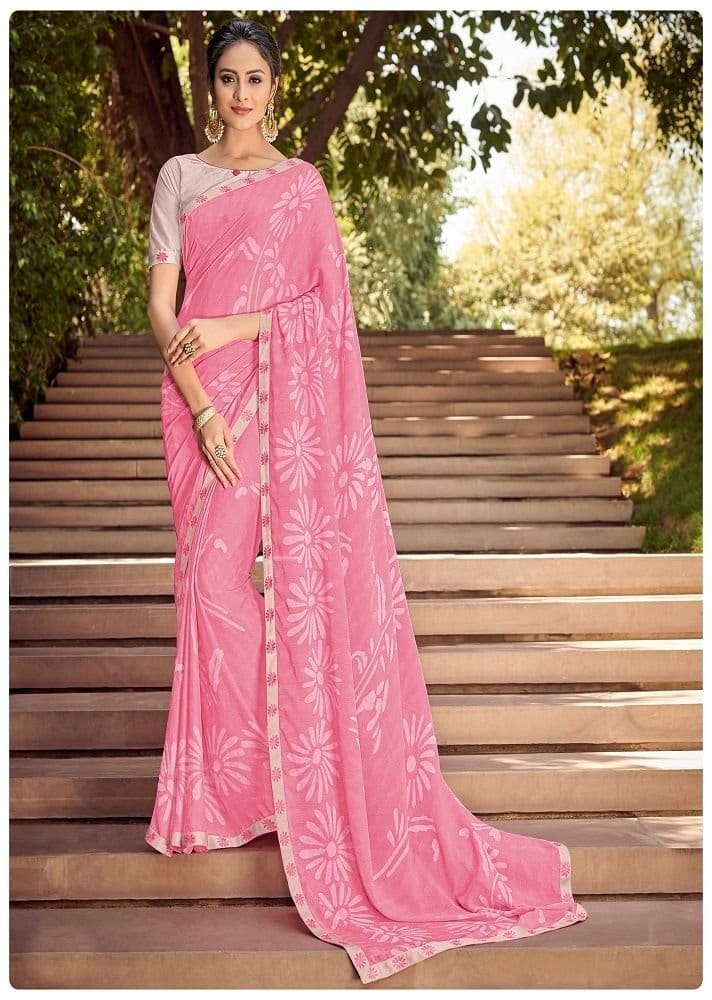 Printed Georgette Saree in Pink - Sarees | Buy online on ZillyBuy