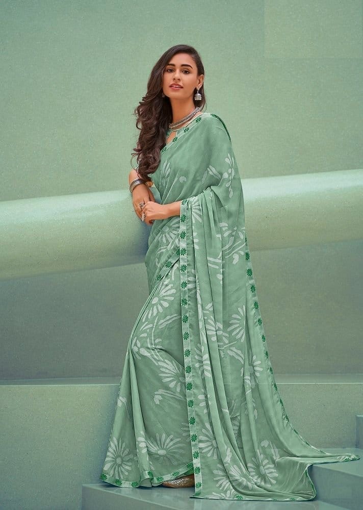 Printed Georgette Saree in Green - Sarees | Buy online on ZillyBuy