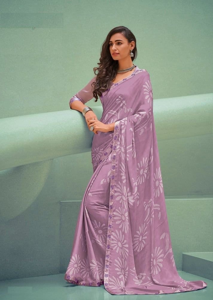 Printed Georgette Saree in Lilac - Sarees | Buy online on ZillyBuy