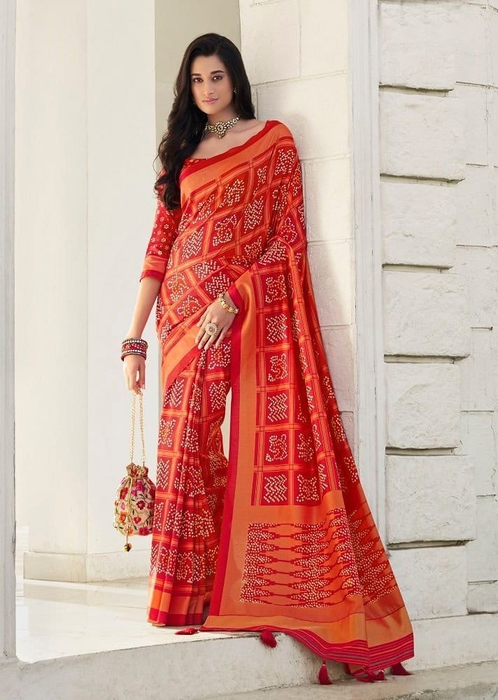 Bandhej Printed Art Silk Saree in Red - Sarees | Buy online on ZillyBuy