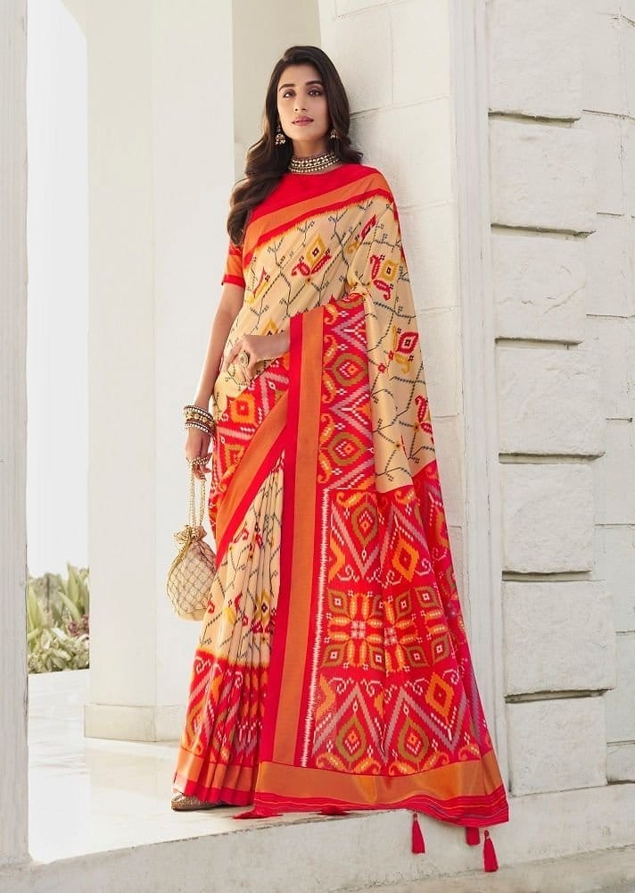 Ikat Printed Art Silk Saree in Beige - Sarees | Buy online on ZillyBuy