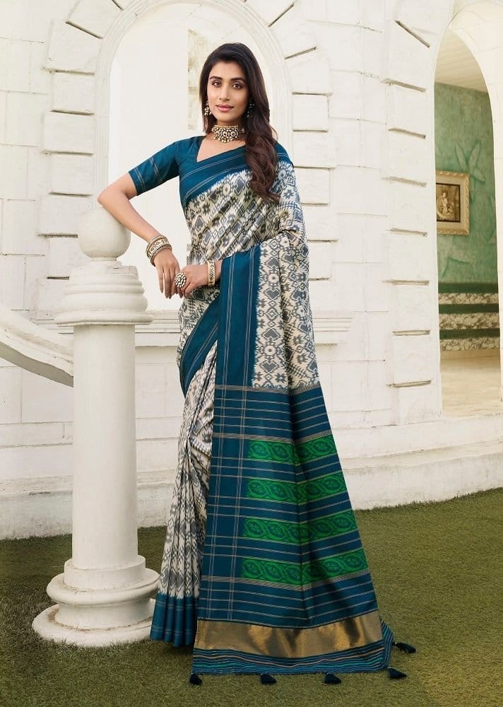 Ikat Printed Art Silk Saree in Beige - Sarees | Buy online on ZillyBuy
