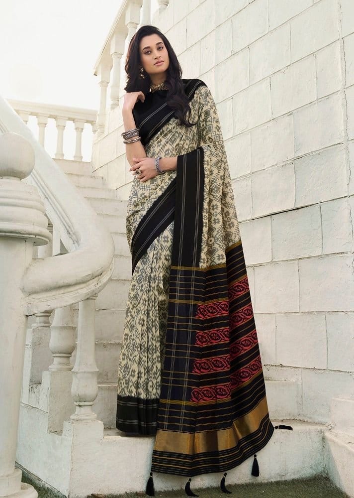 Ikat Printed Art Silk Saree in Beige - Sarees | Buy online on ZillyBuy