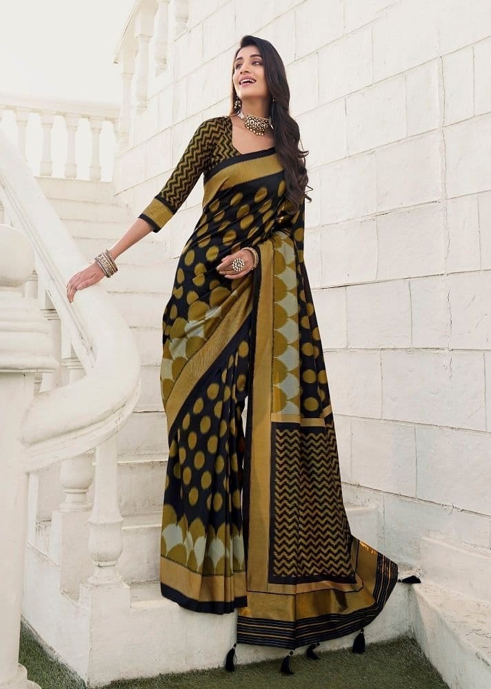Ikat Printed Art Silk Saree in Black - Sarees | Buy online on ZillyBuy