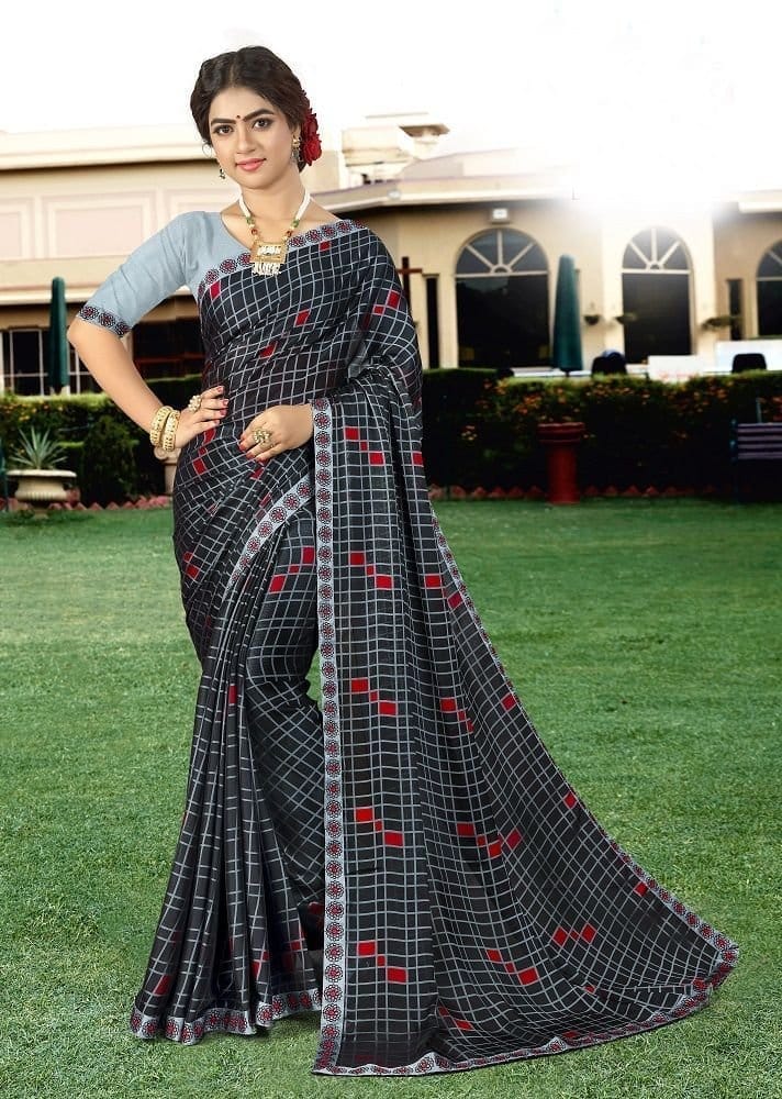 Checks Georgette Printed Saree in Black