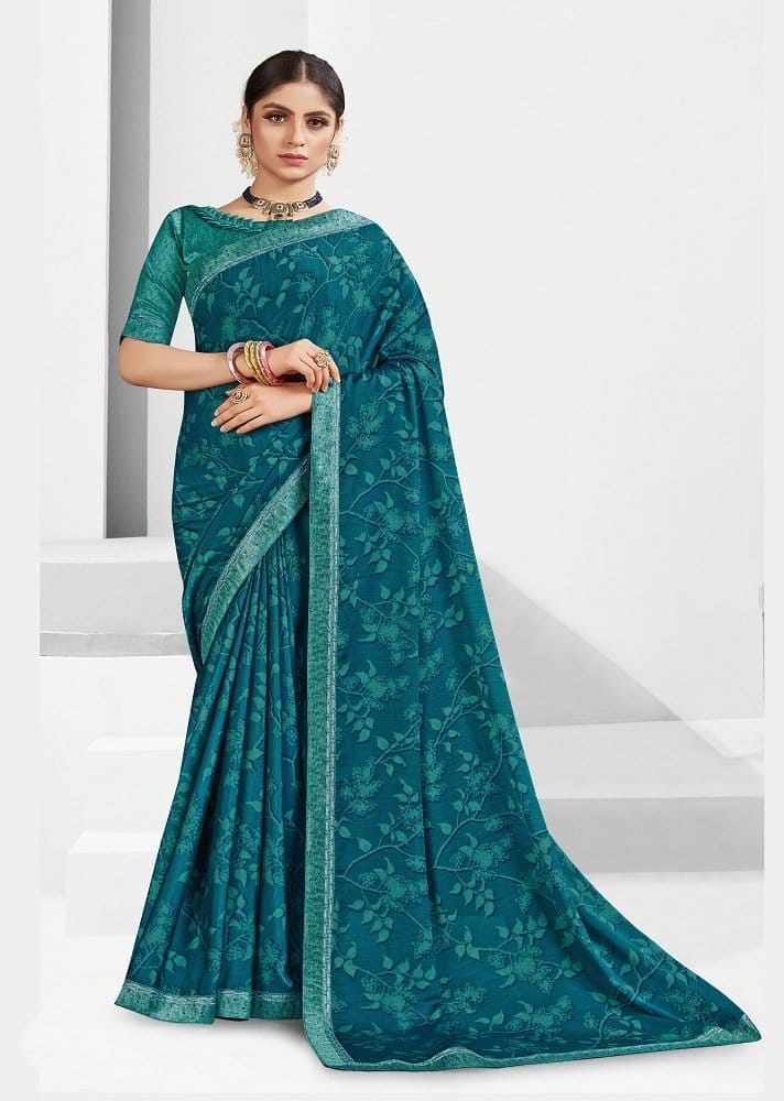 Digital Printed Georgette Saree in Teal Blue - Sarees | Buy online on ZillyBuy