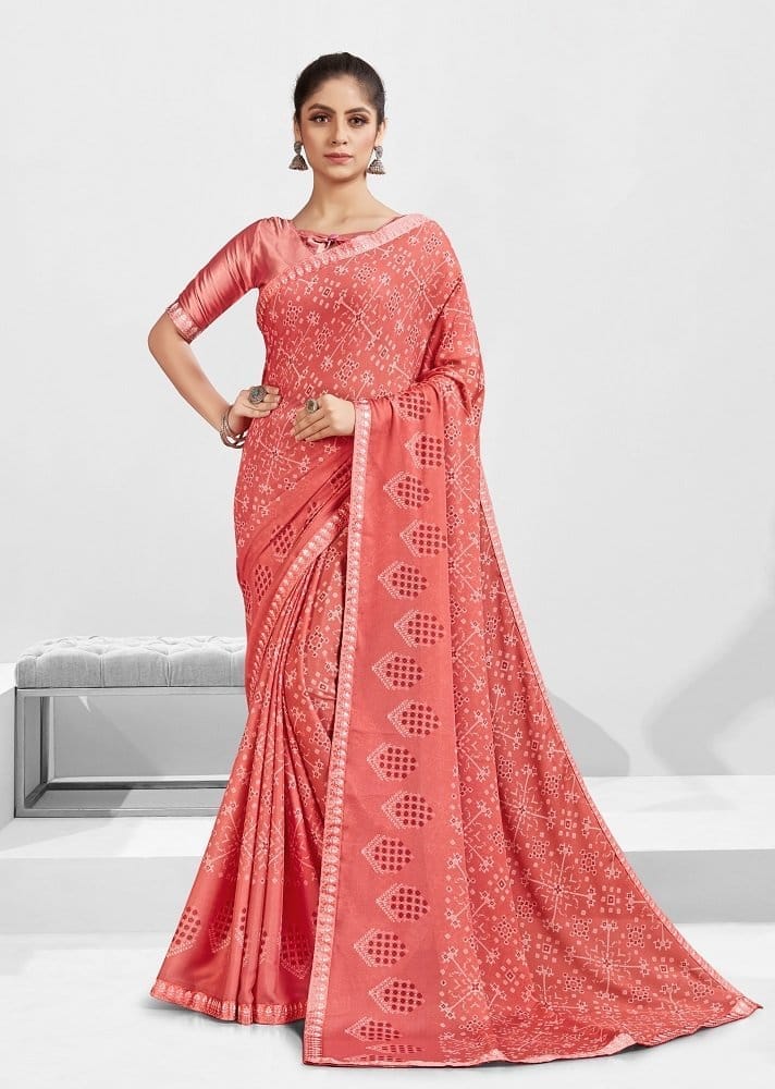 Digital Printed Georgette Saree in Peach - Sarees | Buy online on ZillyBuy