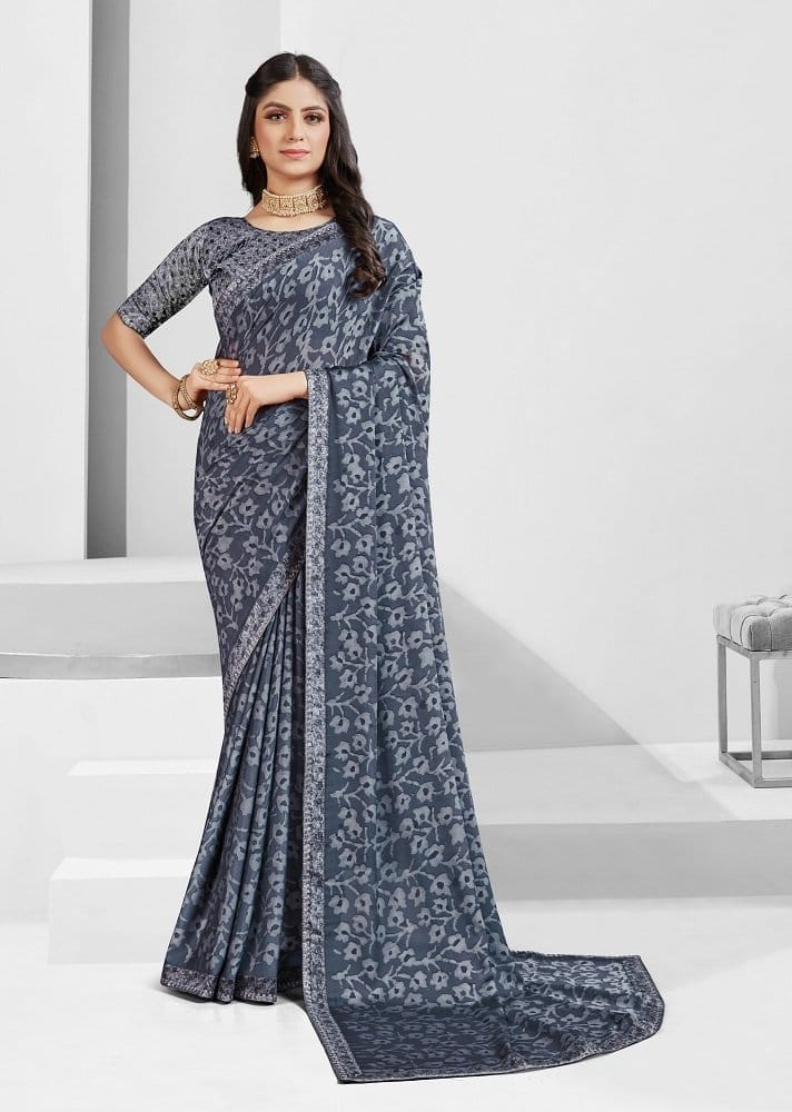 Digital Printed Georgette Saree in Grey - Sarees | Buy online on ZillyBuy