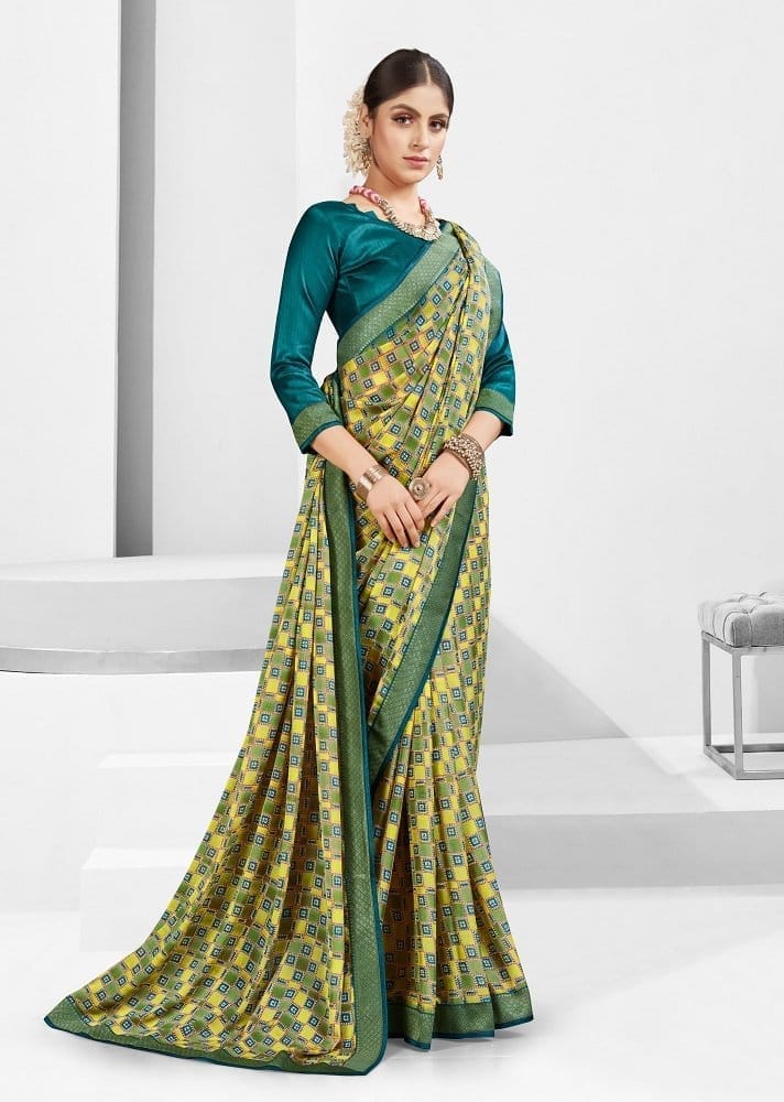 Digital Printed Georgette Saree in Yellow and Green - Sarees | Buy online on ZillyBuy