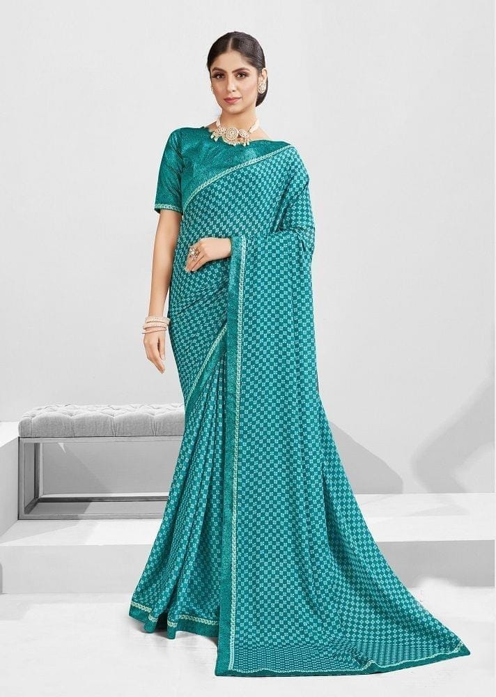 Digital Printed Georgette Saree in Teal Blue - Sarees | Buy online on ZillyBuy