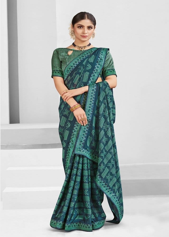 Digital Printed Georgette Saree in Teal Blue - Sarees | Buy online on ZillyBuy