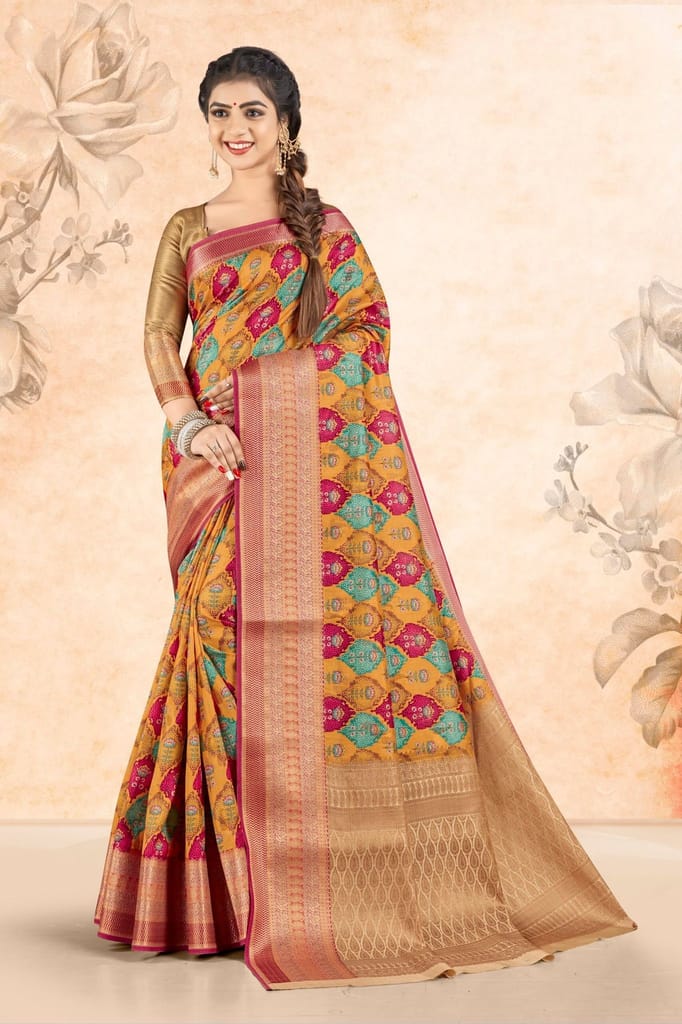 Digital Printed Art Silk Saree in Mustard - Sarees | Buy online on ZillyBuy
