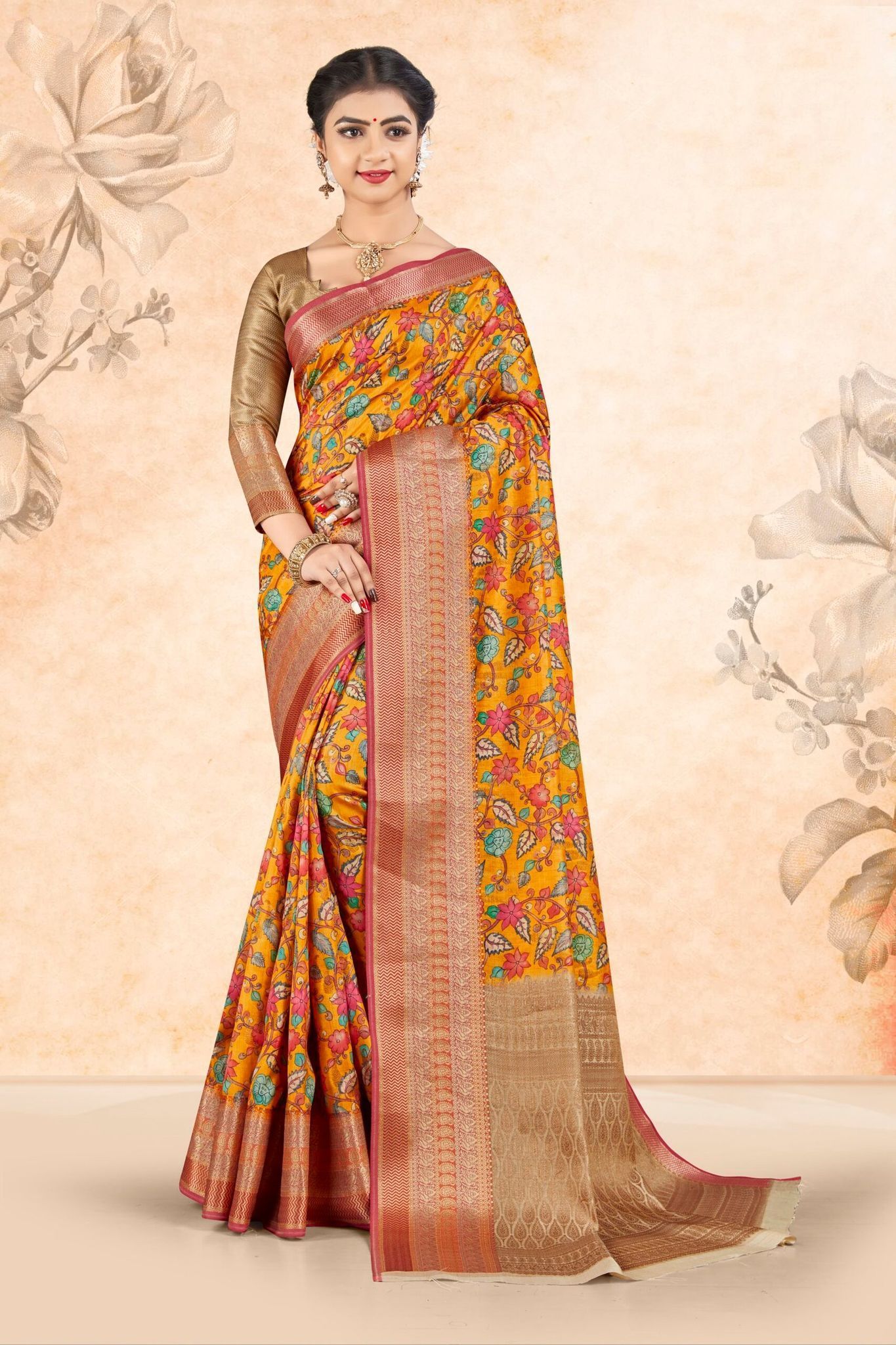 Digital Printed Art Silk Saree in Mustard