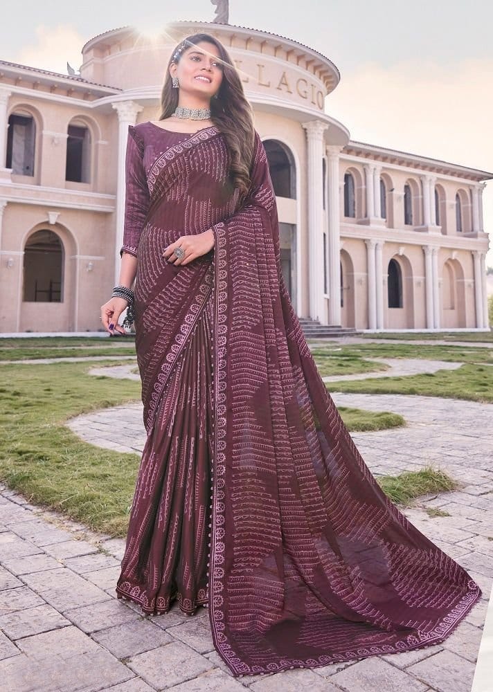 Digital Printed Georgette Saree in Wine - Sarees | Buy online on ZillyBuy