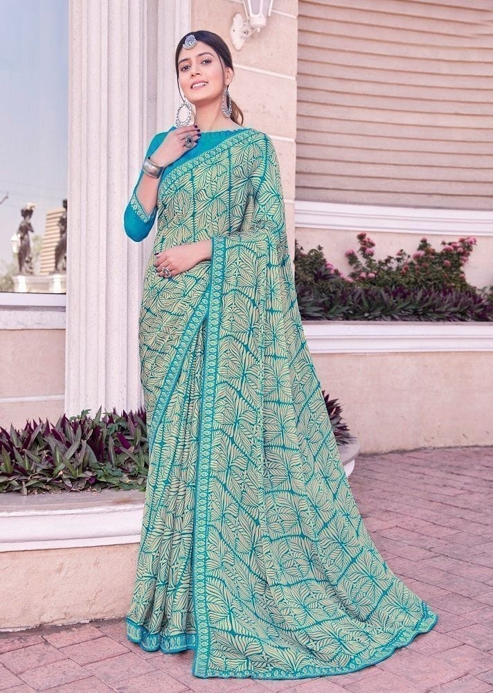 Digital Printed Georgette Saree in Turquoise - Sarees | Buy online on ZillyBuy