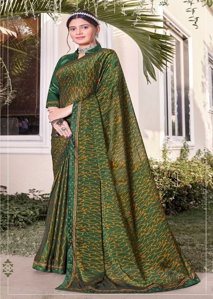 Digital Printed Georgette Saree in Dark Green - Sarees | Buy online on ZillyBuy