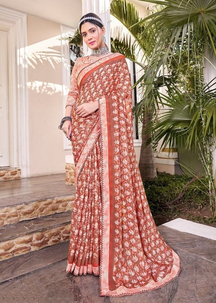 Digital Printed Georgette Saree in Brown - Sarees | Buy online on ZillyBuy