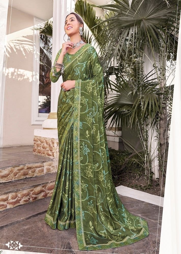 Digital Printed Georgette Saree in Olive Green - Sarees | Buy online on ZillyBuy