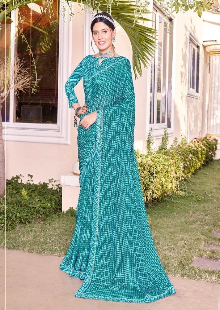 Digital Printed Georgette Saree in Turquoise - Sarees | Buy online on ZillyBuy