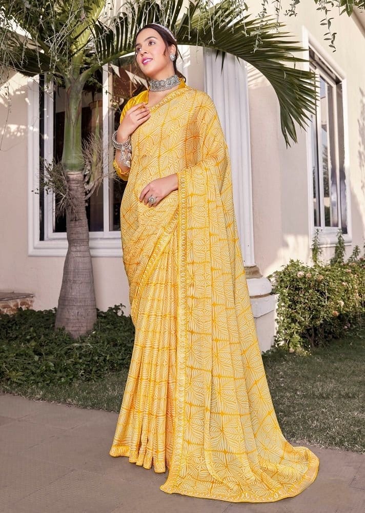 Digital Printed Georgette Saree in Yellow - Sarees | Buy online on ZillyBuy