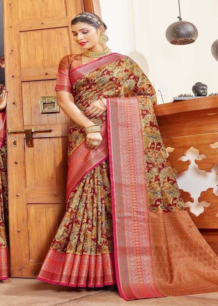 Digital Printed Art Silk Saree in Maroon and Beige - Sarees | Buy online on ZillyBuy
