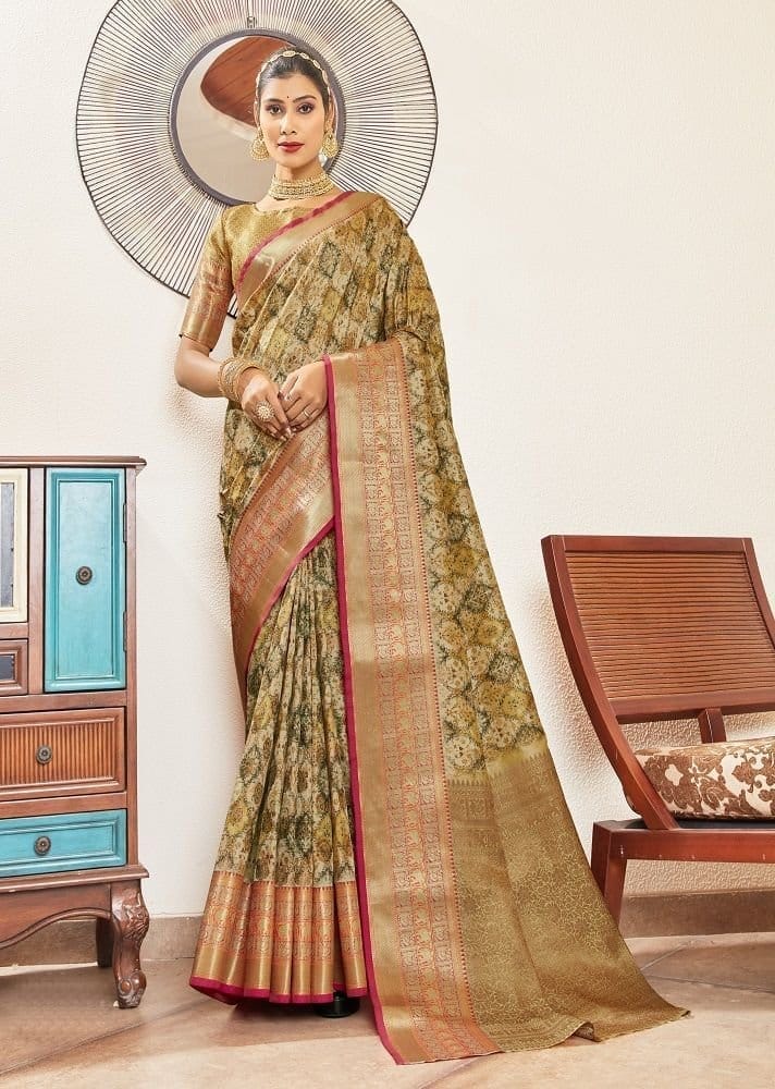 Digital Printed Art Silk Saree in Beige - Sarees | Buy online on ZillyBuy
