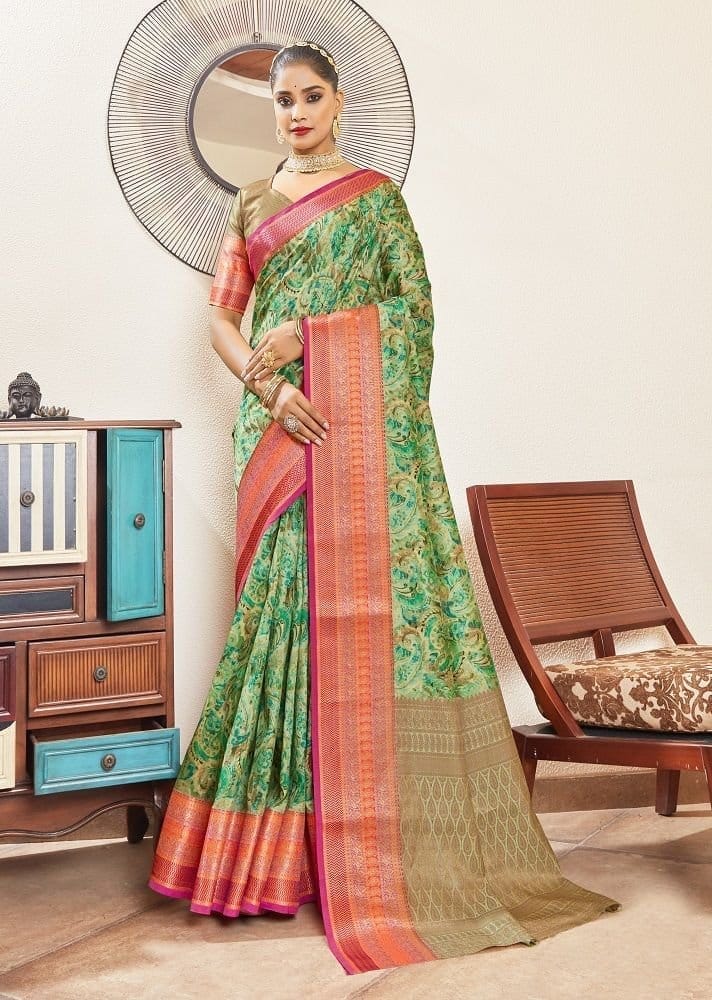 Digital Printed Art Silk Saree in Green - Sarees | Buy online on ZillyBuy