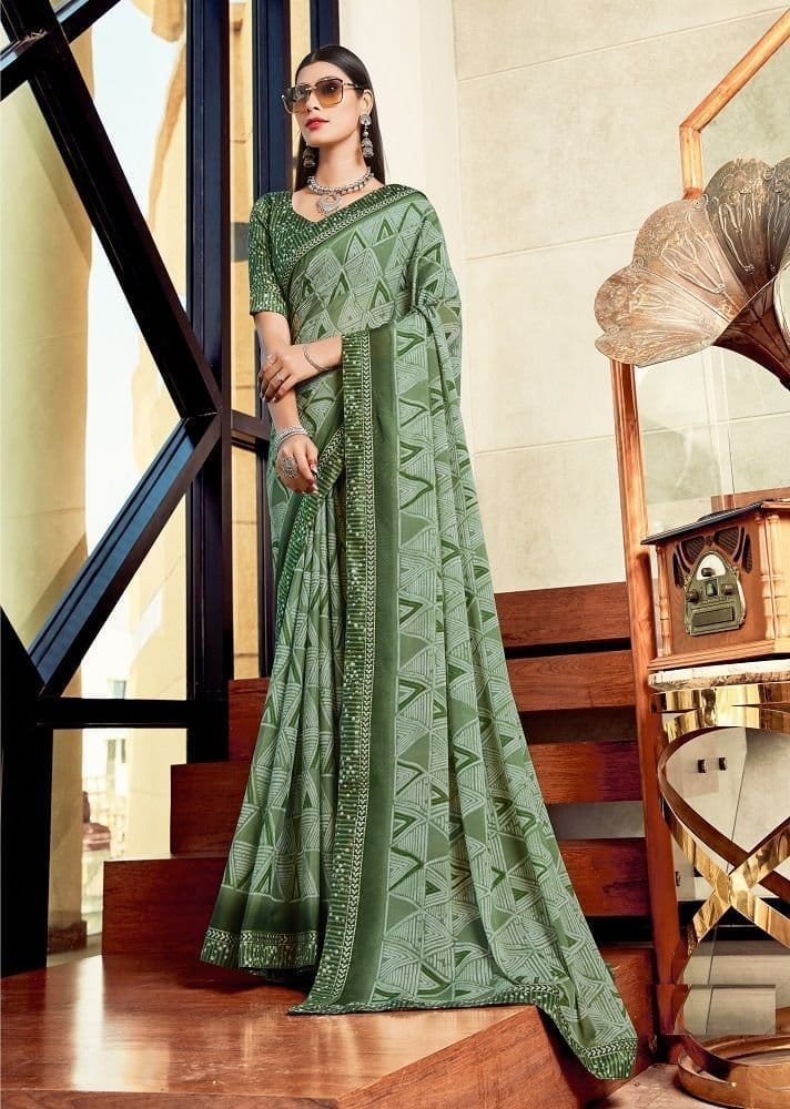 Digital Printed Georgette Saree in Green - Sarees | Buy online on ZillyBuy