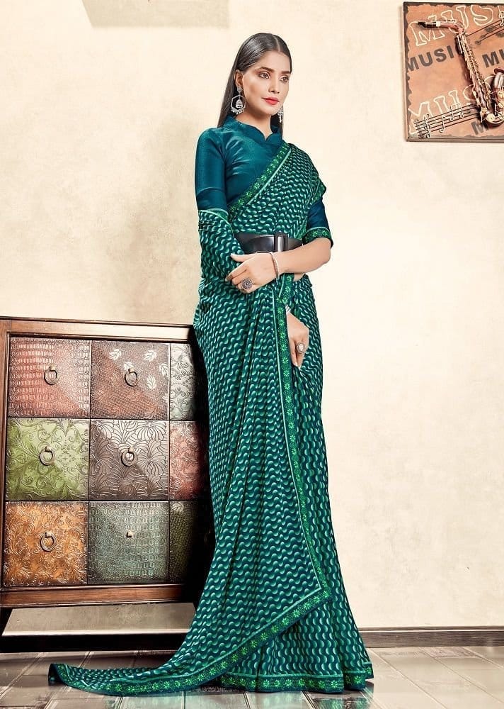 Digital Printed Georgette Saree in Teal Blue
