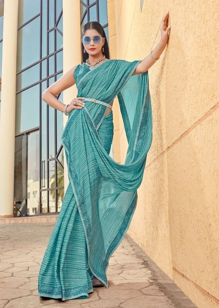 Digital Printed Satin Georgette Saree in Blue - Sarees | Buy online on ZillyBuy