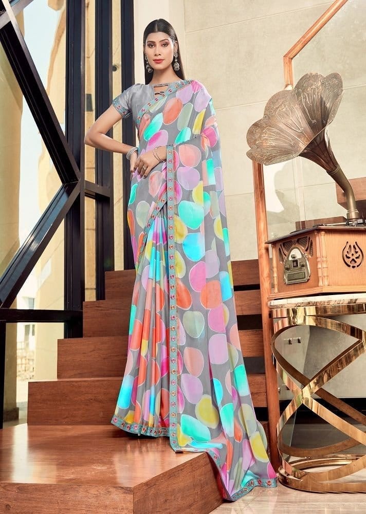Digital Printed Georgette Saree in Grey and Multicolor - Sarees | Buy online on ZillyBuy