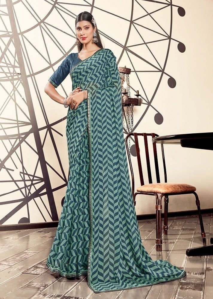 Digital Printed Georgette Saree in Sea Green and Teal Blue - Sarees | Buy online on ZillyBuy