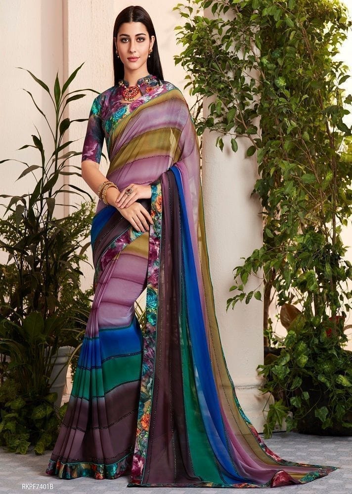 Digital Printed Georgette Saree in Multicolor - Sarees | Buy online on ZillyBuy