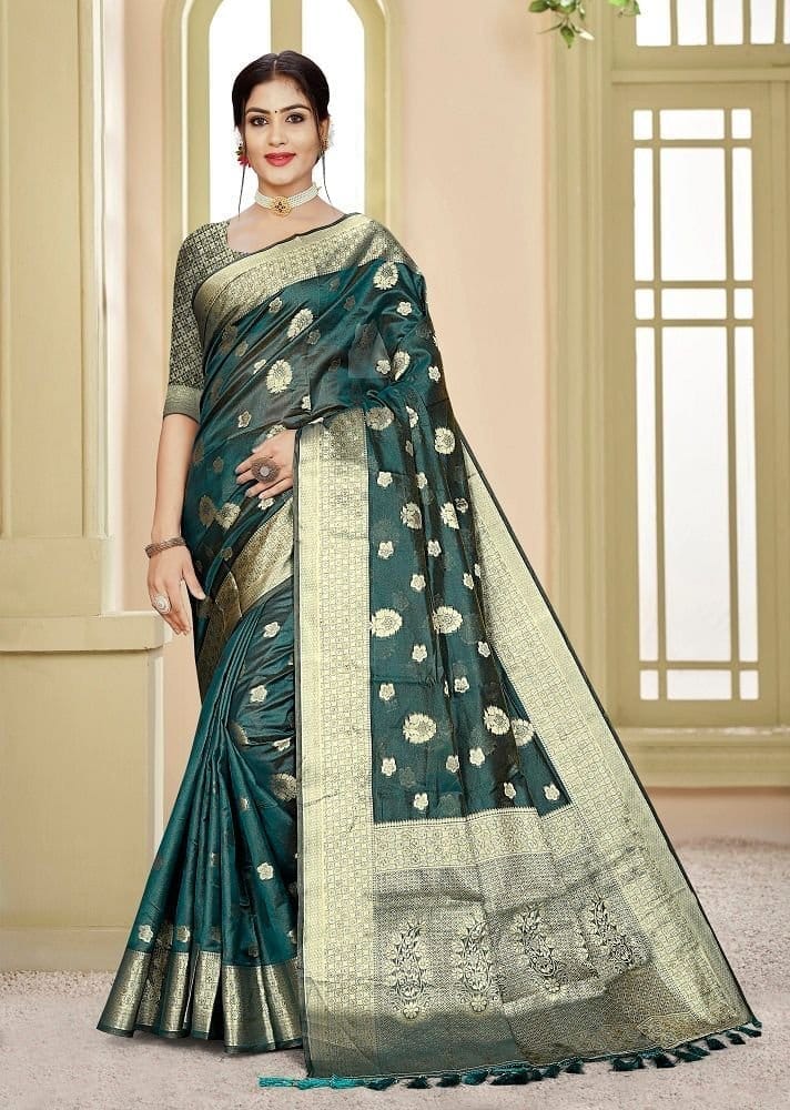 Woven Art Silk Saree in Teal Blue - Sarees | Buy online on ZillyBuy