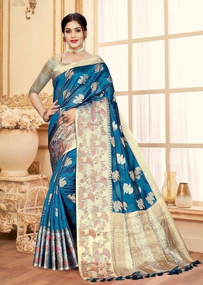 Woven Art Silk Saree in Blue - Sarees | Buy online on ZillyBuy