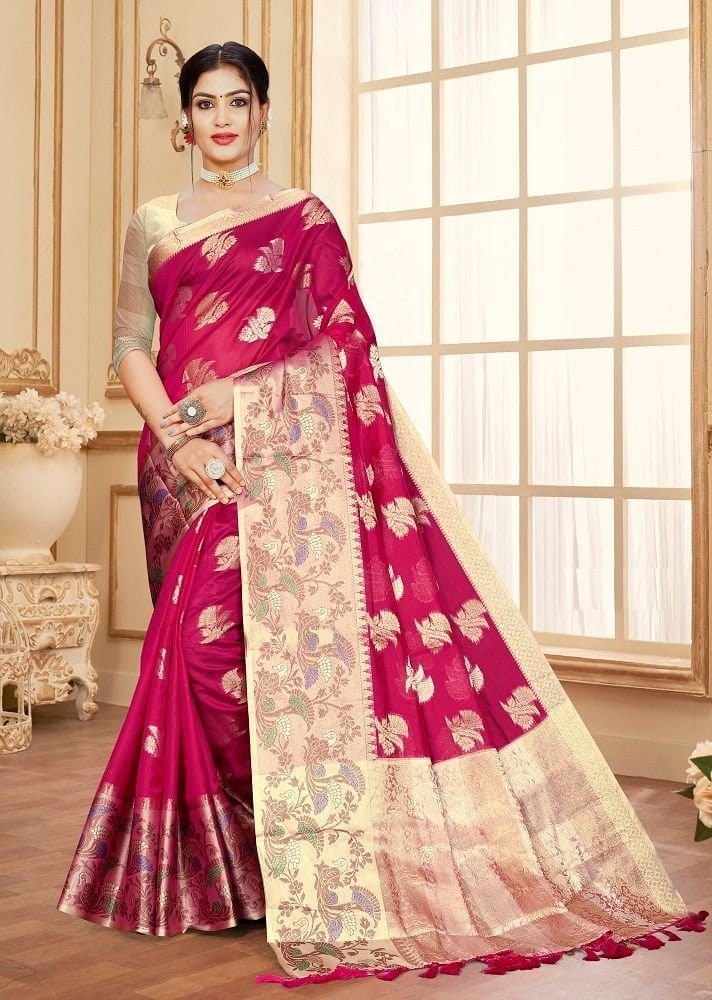 Woven Art Silk Saree in Fuchsia - Sarees | Buy online on ZillyBuy