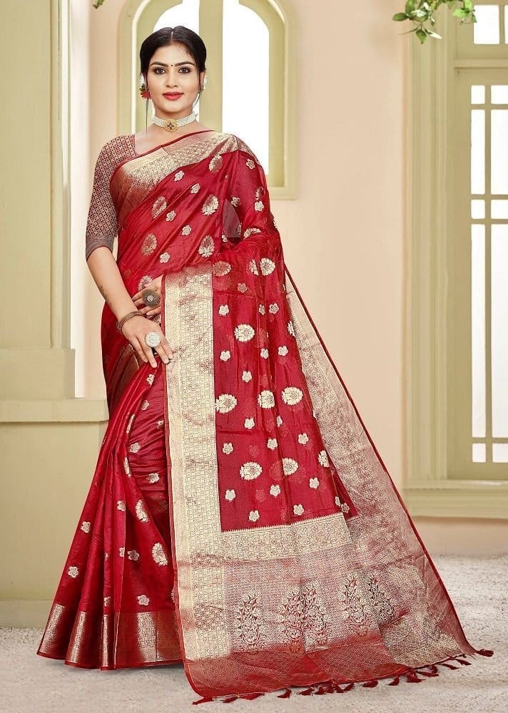 Woven Art Silk Saree in Red - Sarees | Buy online on ZillyBuy