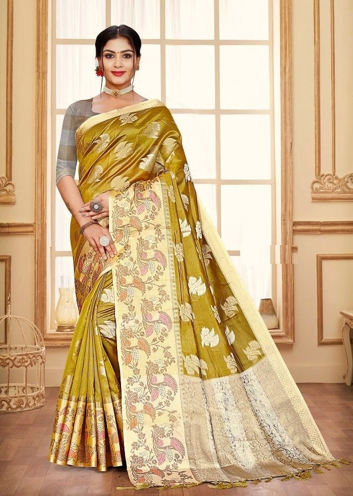 Woven Art Silk Saree in Mustard - Sarees | Buy online on ZillyBuy