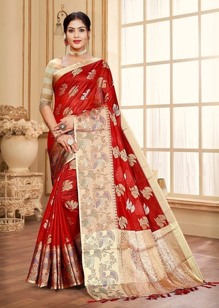 Woven Art Silk Saree in Red - Sarees | Buy online on ZillyBuy