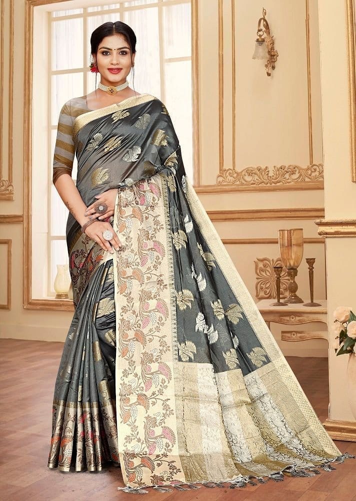 Woven Art Silk Saree in Grey - Sarees | Buy online on ZillyBuy