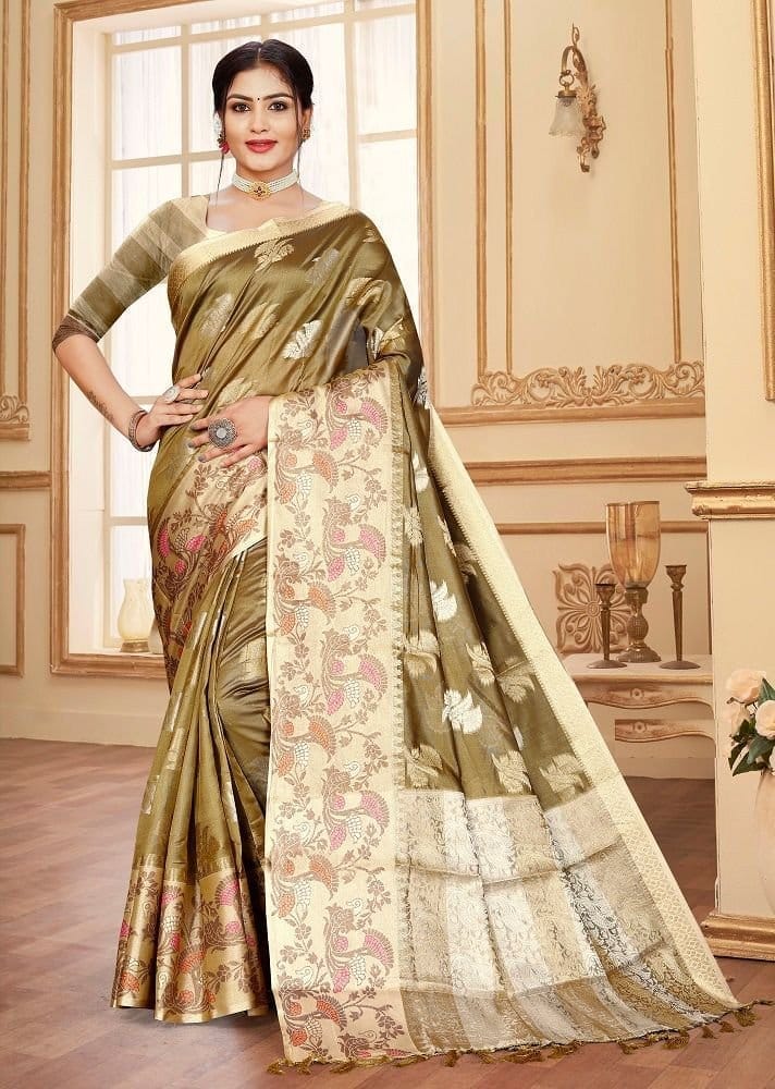 Woven Art Silk Saree in Olive Green - Sarees | Buy online on ZillyBuy