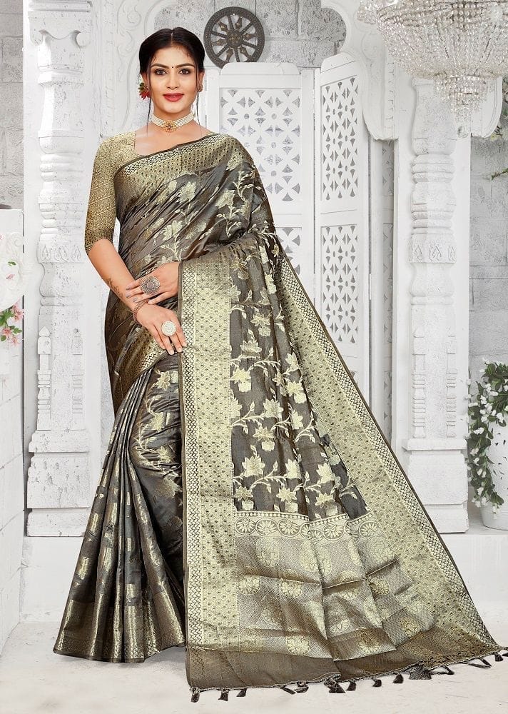 Woven Art Silk Saree in Grey - Sarees | Buy online on ZillyBuy