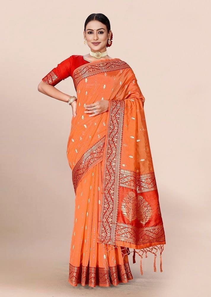 Woven Art Silk Saree in Orange - Sarees | Buy online on ZillyBuy