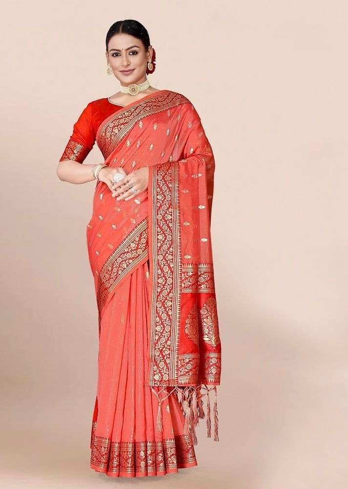 Woven Art Silk Saree in Peach - Sarees | Buy online on ZillyBuy