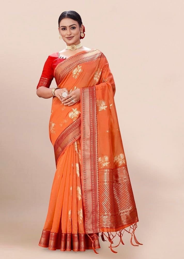 Woven Art Silk Saree in Orange - Sarees | Buy online on ZillyBuy